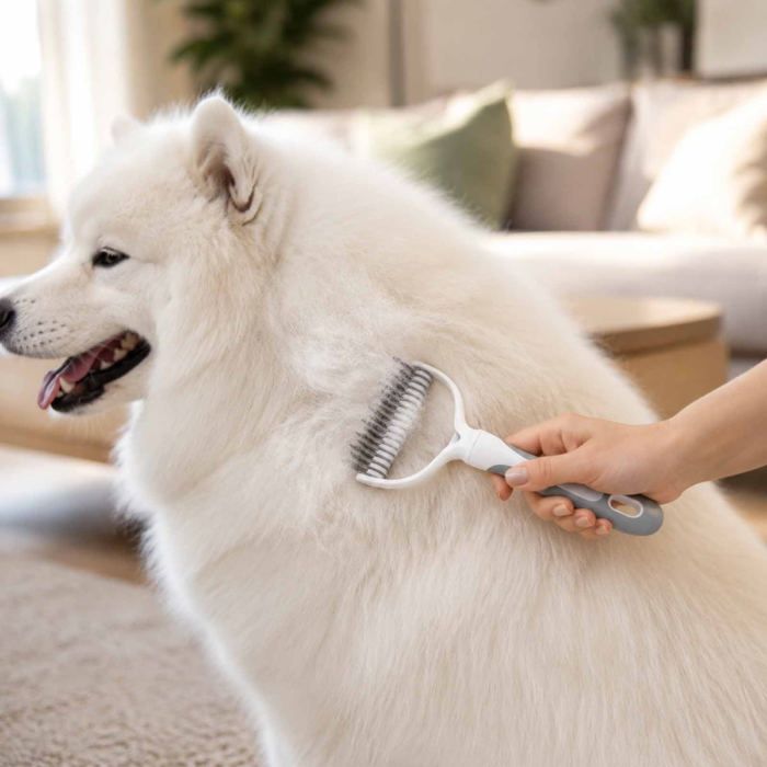 Peigne démêloir chien double face grand modèle en acier inoxydable pour poils longs et sous-poil gris