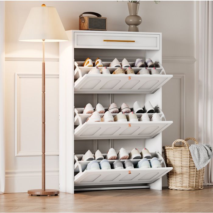 Meuble À Chaussures Blanc En MDF Armoire Minimaliste FloraGrace Pour Entrée Et Couloir Avec 1 Tiroir 70x25x123 5cm