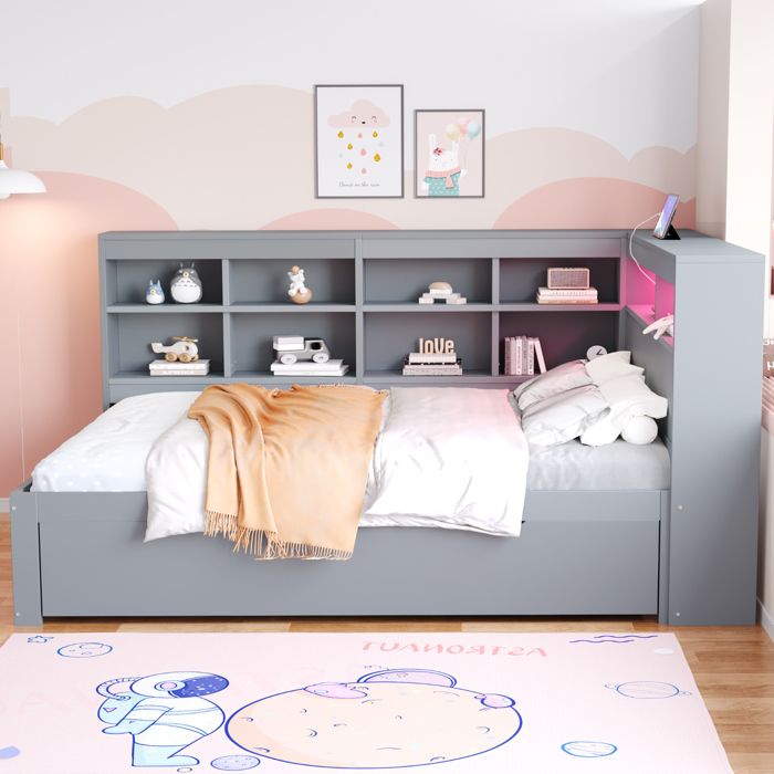 Lit combiné 140 x 200 cm - Gris - Lit double en bois avec tiroir rangements prise USB et LED intégrée