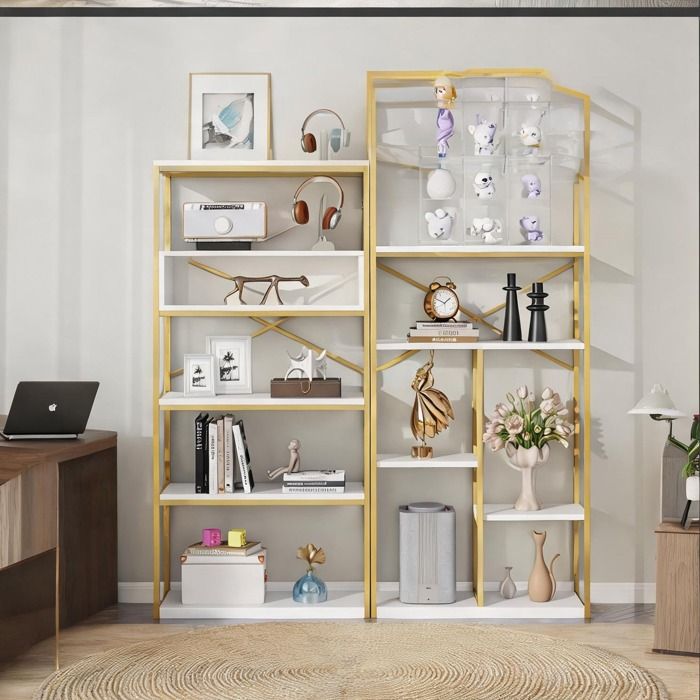 Étagère ouverte 160x180 cm avec accès simplifié structure acier MDF finition or et blanc doux