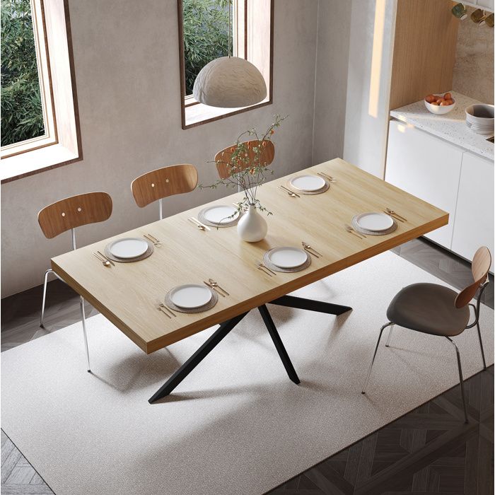 MEUBLIV Table à manger extensible rectangulaire 140-180 cm plateau naturel MDF métal rangement intégré 4-6 places