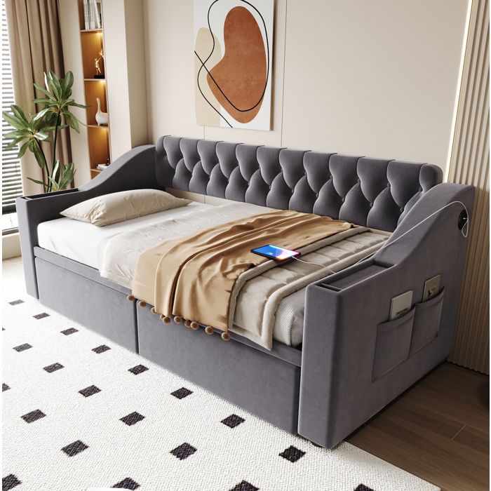 Lit Combiné Simple 90×190 cm USB Type-C 2 tiroirs et rangements - BEAUNIV - sans matelas velours gris foncé