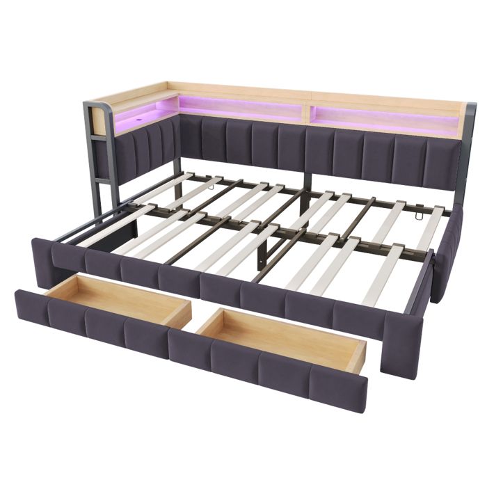 Lit gigogne Canapé‑lit transformable 90‑180x200 cm velours gris foncé tiroirs étagères LED ports USB‑C sans matelas