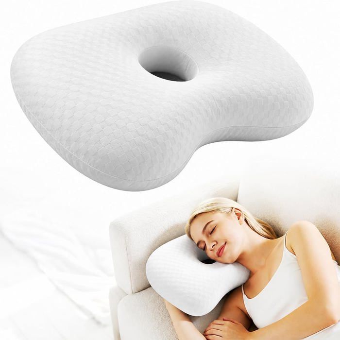 Coussin Piercing Oreille Ergonomique Oreiller Piercing avec 8.9 cm Trou Coussin Piercing Oreill Piercing Pillow (Blanc 32x44 cm)