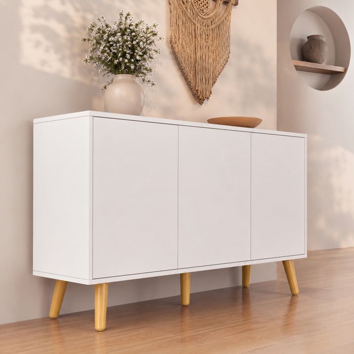 Buffet bas - DESIGN AMEUBLEMENT - Vega - 3 portes Push-Click - Blanc mat - Pieds bois massif Buffet bas - DESIGN AMEUBLEMENT - Vega - 3 portes Push-Click - Blanc mat - Pieds bois massif