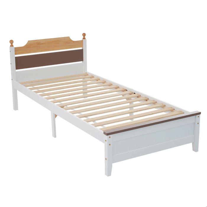 Lit simple AESVAR 90 x 200 cm en pin et MDF 15 lattes pied central blanc