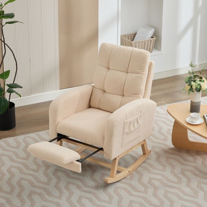 Fauteuil à bascule - ZEVKOR - Dossier haut - 1 place - Accoudoirs & poche latérale - Tissu bouclé beige