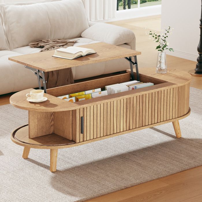 Maisentiel Table basse relevable en MDF aspect bois naturel 120 x 50 x 395 cm hauteur 535 cm rangement dissimulé