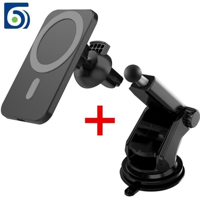 Support Voiture MagSafe iPhone, Chargeur sans-fil 15W Fixation ventouse -  Noir - Français
