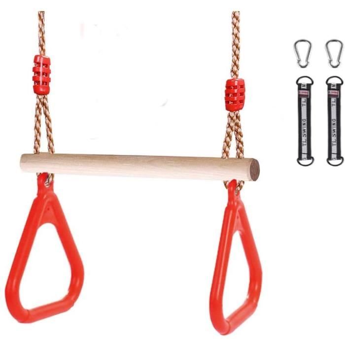 Balançoire Trapèze Multifonction Bois Pour Enfants – Avec Anneaux, Charge 120 Kg, Longueur Corde Réglable