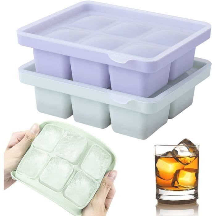 Theuwnee® Bac à Glaçons en Silicone, 2 Pcs Grand Moule à Glaçons avec Couvercle, Inodore, Empilable et Lavable au Lave-Vaisselle, Cocktail et Goûter pour Bébé Inclus Violet