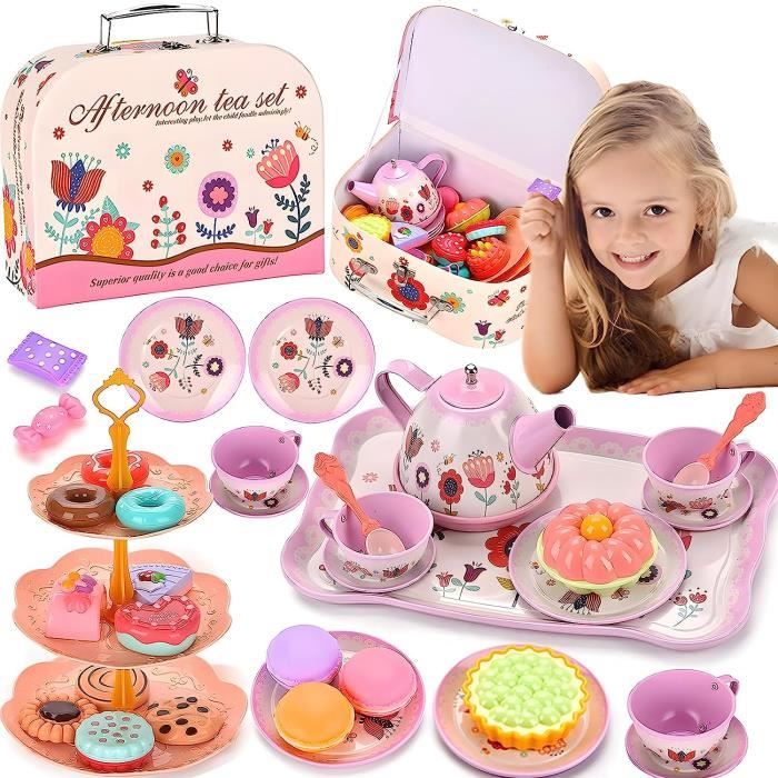 Service à thé en bois - 17 pcs | Set de jeux pour enfants avec gâteau et  support, théière, nourriture et accessoires | Jeux de rôle et d'imagination  