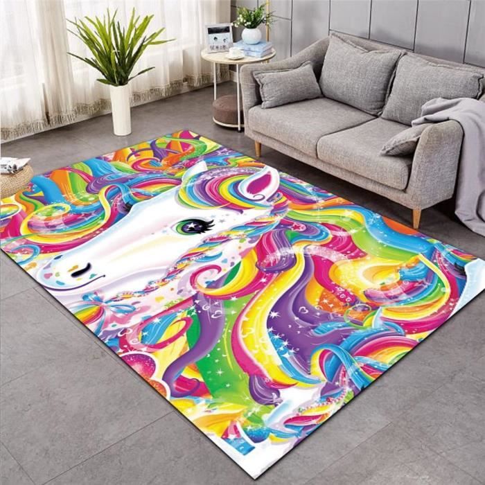 Tapis Chambre Enfant PEIHUODAN - Motif Licorne Arc-en-ciel 3D - 80x160 Cm - Flanelle Douce - Antidérapant - Rose