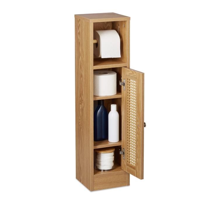 Relaxdays Meuble Salle De Bain 3 Compartiments - Porte Rotin, Blanc Nature, 96.5x30x30 Cm