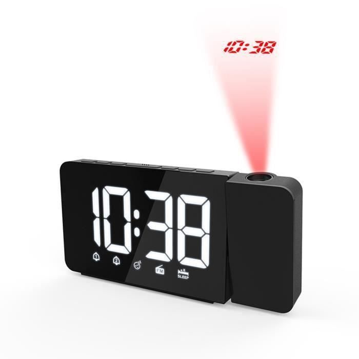 UIBAO Réveil à Projection Plafond Heure,Horloge Projection Plafond Enfant et Murale,LCD Reveil Projecteur 180°,Luminosité Réglable à 4 Niveaux,Double Alarme,Snooze,Charge USB,12/24H