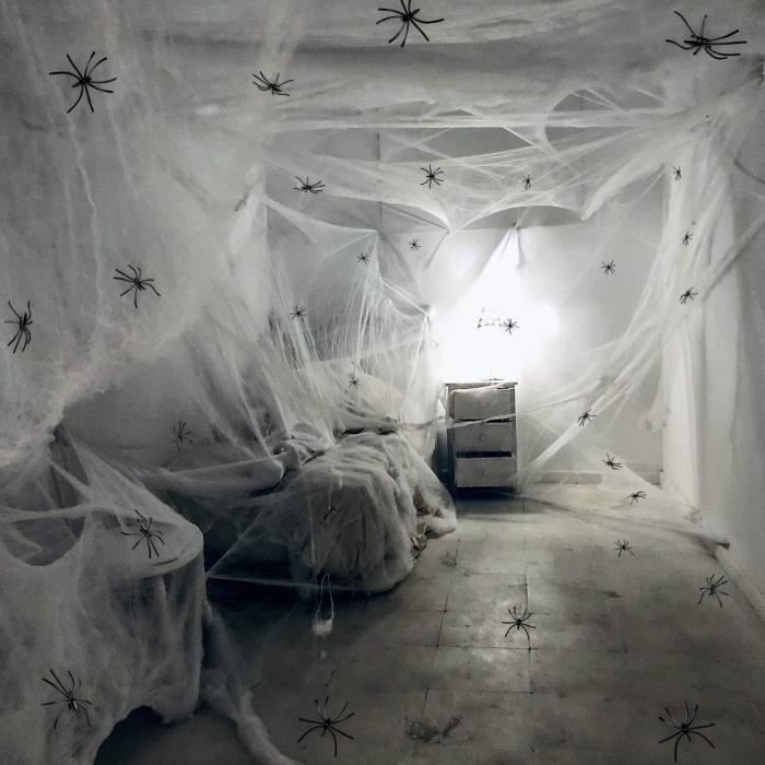 Toile D Araignee Avec 100 Araignees Decoration D Halloween Prop Extensible Toile D Araignee 100gr Blanc Cdiscount Maison
