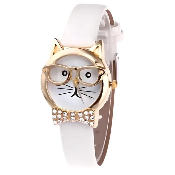 Montre Enfant Cadran Motif Chat Bracelet Cuir Blanc