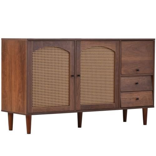 Buffet avec insert en rotin 130*75*40cm Trois portes et deux tiroirs irréguliers