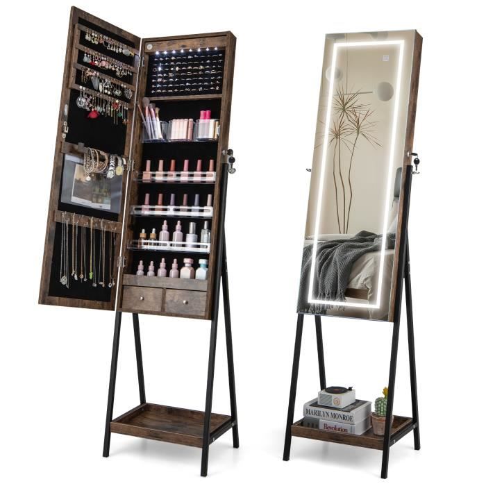 COSTWAY Armoire à Bijoux sur Pied -Miroir Pleine Longueur Lumières LED 3 Couleurs Interrupteur Tactile Porte