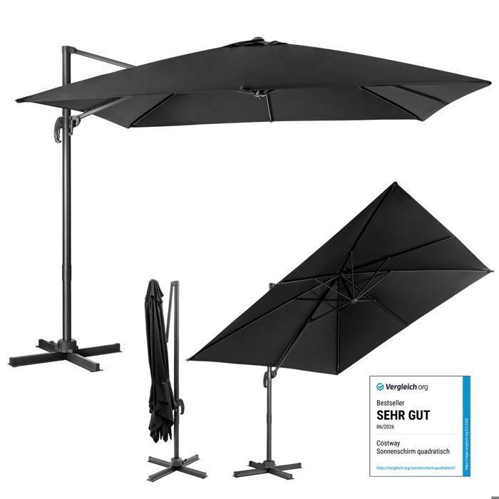 COSTWAY Parasol Déporté Pliable Ø3M avec Base Croisée-Rotation à 360° 3 Réglages dInclinaison-Event pour Jardin et Terrasse Noir