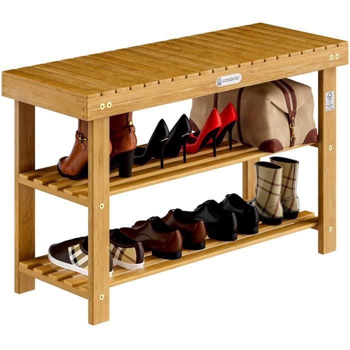 2en1 meuble à chaussures et banc en bois d'acacia dur et robuste 90cm étagère à chaussures 2 tablettes avec banc rangement armoire