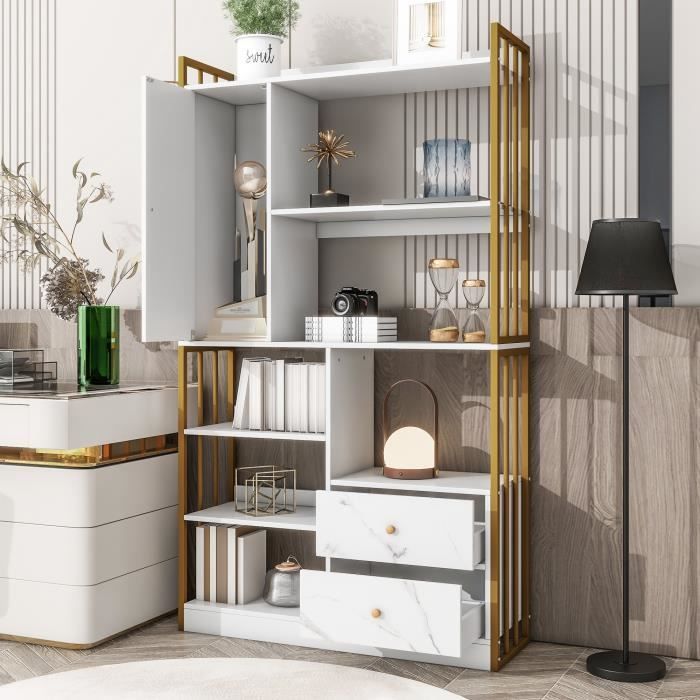 Bibliothèque Design-Armoire Contemporaine -Meuble de rangement-6 étagères1 portes2 troirs-100x30x173.5cm-Blanc+Doré