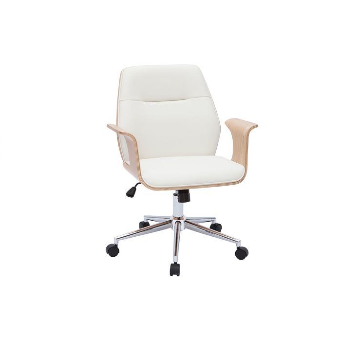 Miliboo - Chaise de bureau à roulettes design blanc bois clair et acier chromé RUFIN Miliboo - Chaise de bureau à roulettes design blanc bois clair et acier chromé RUFIN