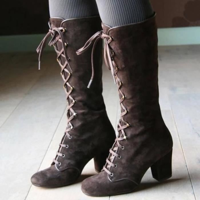 Femmes Mode Casual Vintage Retro Bottes Mi mollets A Lacets Chaussures A Talons Epais marron Marron Cdiscount Chaussures