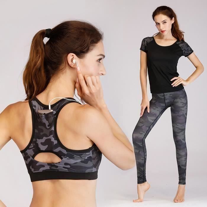 Ensemble sport femme top et legging dos nu noir bénitier bleu