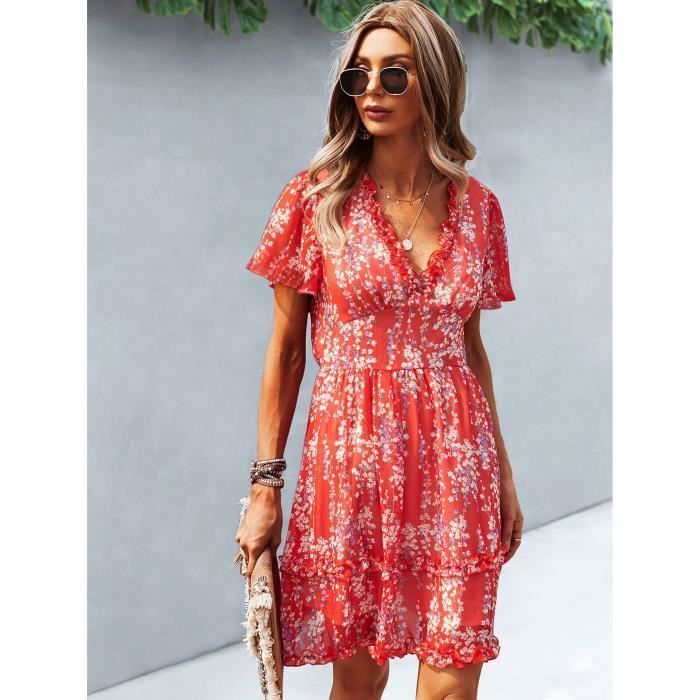 Chic Robe Rouge Courte Robe femme chic et élégante Manches Courtes Bohème Vacances à la plage ...