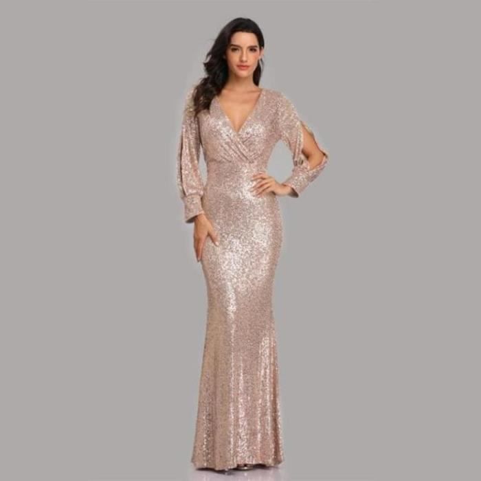 Femmes Robe Mode Couleur Pure Col En V Paillettes Manches Longues Fête Mini Robes