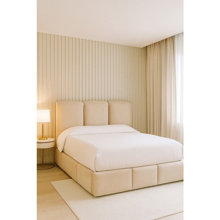 Lit Coffre de Rangement Delphine en Velours – Élégance Douce et Fonctionnalité Optimale (Taille: Beige - Couleur: Lit + sommier
