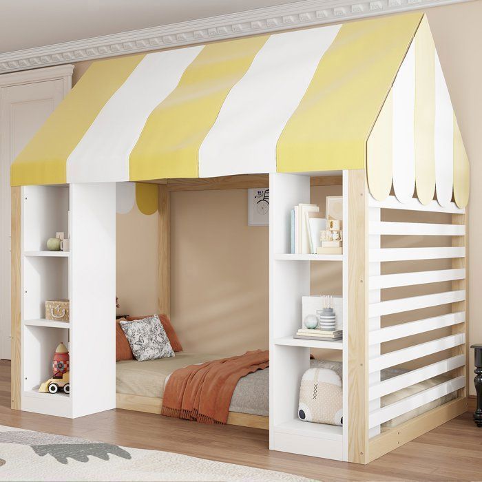 Lit Cabane Enfant 90x200 Étagères De Rangement Latérales Sommier À Lattes Barrières De Sécurité Anti‑Chute Lit Cabane Ludique