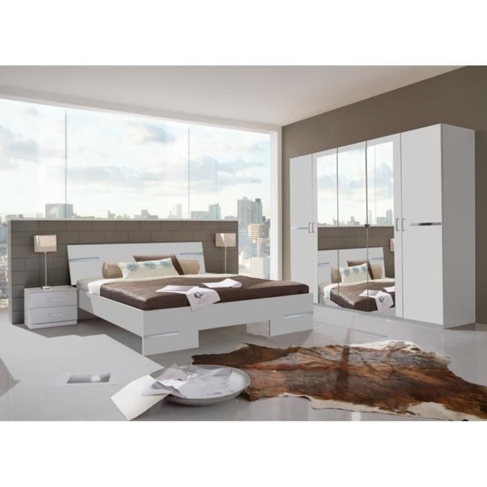 Chambre à coucher complète adulte (lit 140x200 cm + 2 chevets + armoire) coloris blanc-chrome brillant
