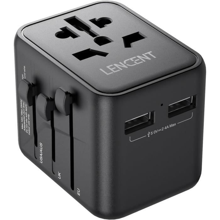 LENCENT Adaptateur Voyage Universel – Prise + 2 USB, Compatible 200+ Pays, Compact 2500W Max, Charge Rapide & Sûre