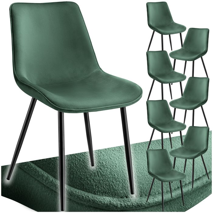 Chaise - TECTAKE - Lot de 8 fauteuils MONROE aspect velours et ergonomique pieds en acier noir 48 x 59 x 825 cm - Vert foncé