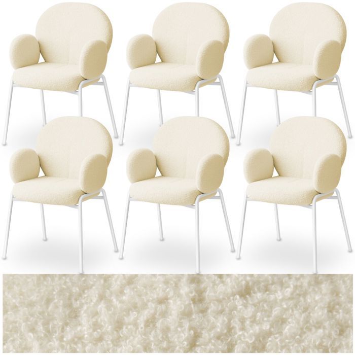 Chaises - TECTAKE - Lot de 6 fauteuils SCANDI rembourrés avec accoudoirs et tissu bouclette pieds solides en acier - Crème