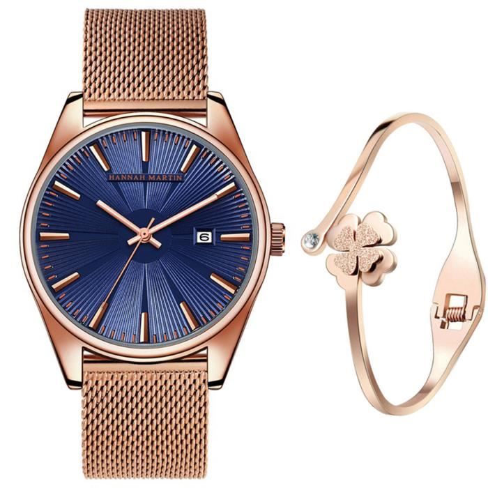 XLORDX Montre Femme Dames Date Or Rose maille milanaise Acier inoxydable  Bracelet Analogique Quartz Bleu cadran + Rose Or Bracelet - Cdiscount  Bijouterie