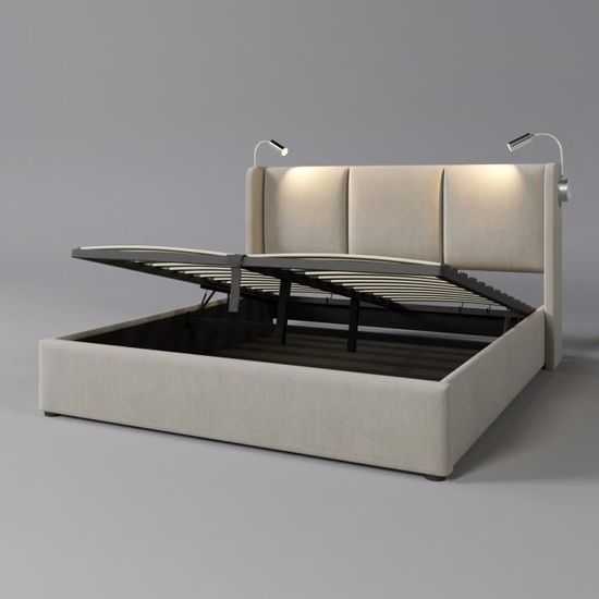 Lit Coffre 140x200 Avec Sommier Et Rangement Hydraulique - Tête De Lit Capitonnée Avec Ports USB - Sans Matelas - Couleur Beige