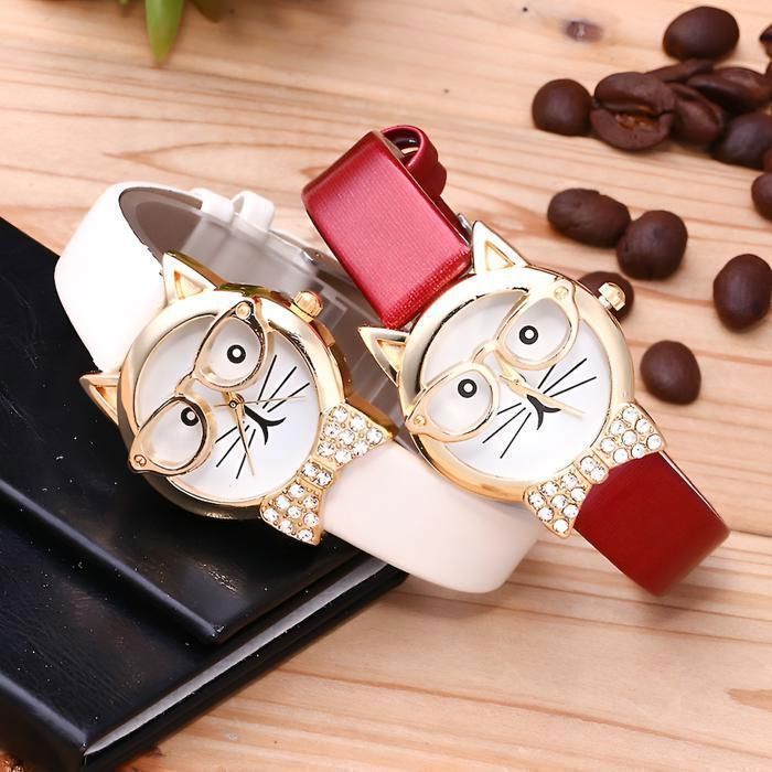 Montre Enfant Cadran Motif Chat Bracelet Cuir Blanc