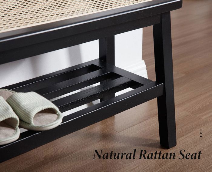 Ya-Home Banc d'entrée en Rotin avec Pieds en Bois Massif, Banc Ottoman Vintage avec Rangement pour Chaussures pour Entrée/Couloir, Noir