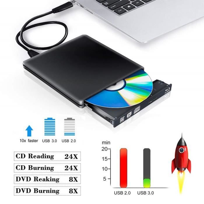 Acheter Nouveau lecteur de CD DVD Blu-ray externe USB 3.0 lecteur de  Blu-Ray 3D 4K graveur de graveur BD/CD/DVD portable pour Mac, Win 10,8,7,  XP, Vista, ordinateur portable, PC