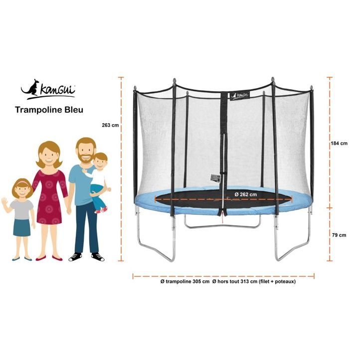 Trampoline Kangui Rond Avec Filet De Sécurité - Échelle, Bâche Et Ancrage Inclus | Ø250 à 430cm | Norme CE