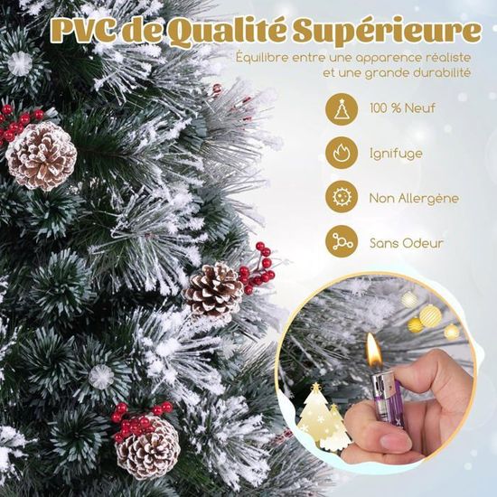 Sapin De Noël Lumineux Floqué 180cm COSTWAY-63 Lumières 8 Modes D'Éclairage Dynamique-Fibres Optique-Baies Rouges,Pommes De Pin - Maison