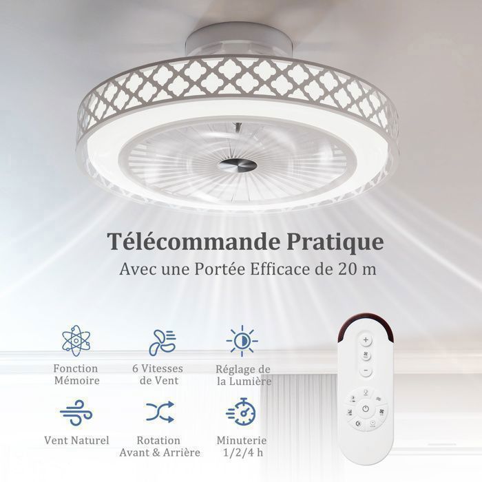 Ventilateur Plafond Avec Lumière Et Minuterie - Télécommande 3 Vitesses, Aromathérapie, Idéal Chambre Salon