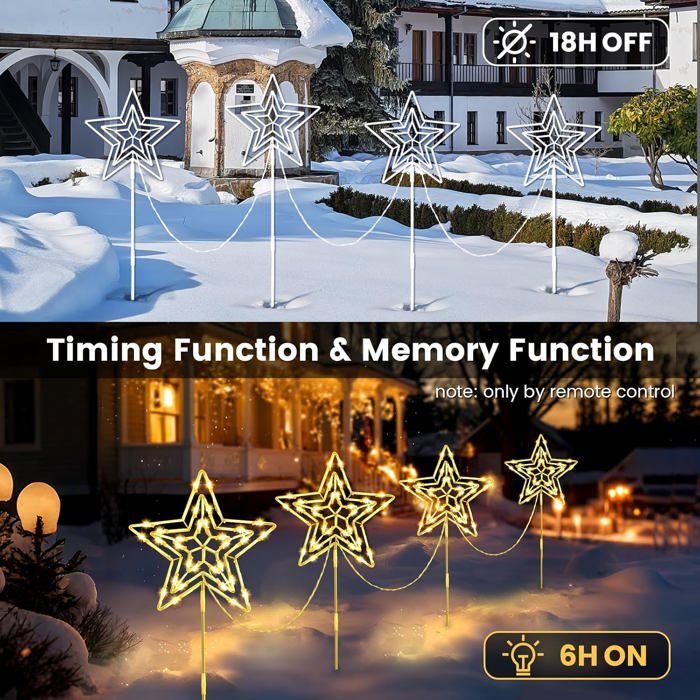 Décoration Noël Extérieure Lumineuse - 4 étoiles LED IP44, 8 Modes, Minuterie, Blanc Chaud, Pour Jardin, Allée, Balcon