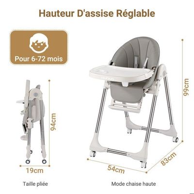 Chaise Haute Bébé Pliante COSTWAY Dossier Incliné-Hauteur Réglable