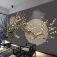 Papier Peint Panoramique Arbre à fleurs doré de style chinois Mural Pour Salon Chambre À Coucher Paysage Naturel Murale 350x256cm-0
