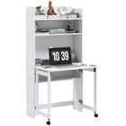 HOMCOM Bureau mural pliable table murale rabattable suspendue sur pied avec bibliothèque 3 étagères MDF blanc