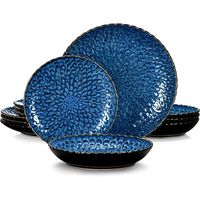 vancasso Assiette 12 pcs, Série VC-CHRYS-B Service Complet de Table, Design de bord en forme de pétale Vaisselle - Bleu
